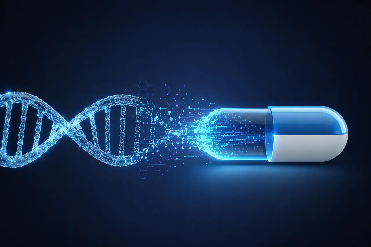 DNA double-helix flowing into a capsule — personalized pharmacology