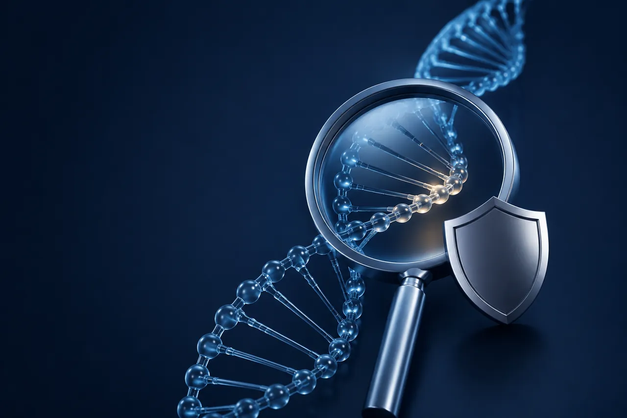 DNA under a magnifying glass beside a protective shield — preventive genomic screening