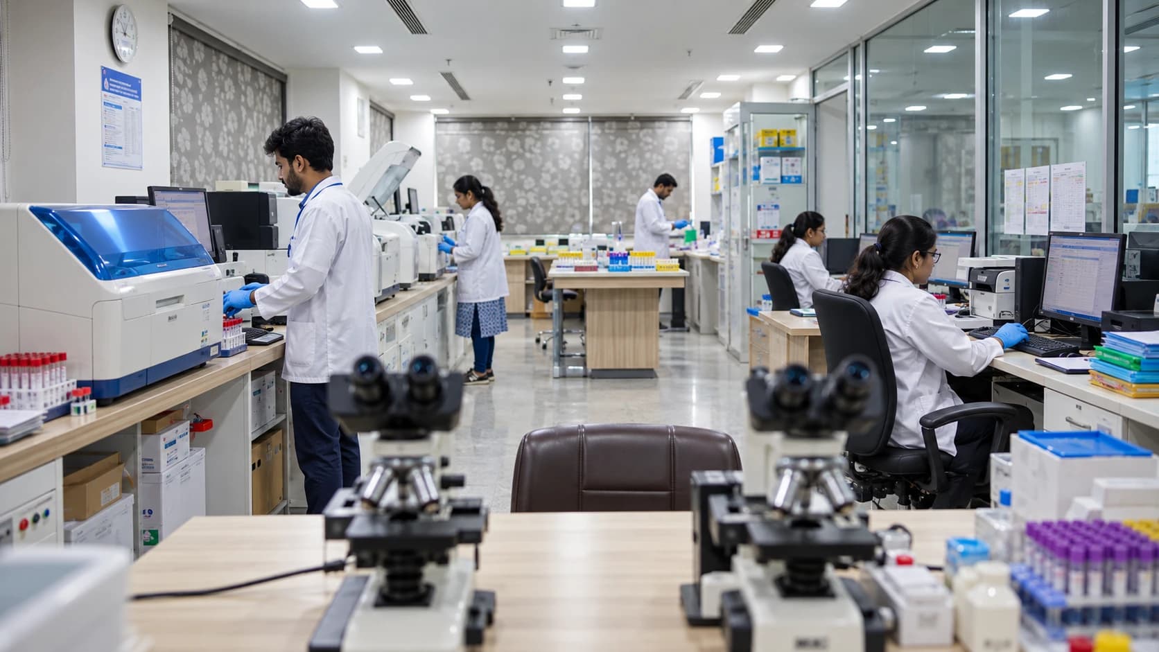 Technicians running automated analysers and microscopes across a diagnostic laboratory
