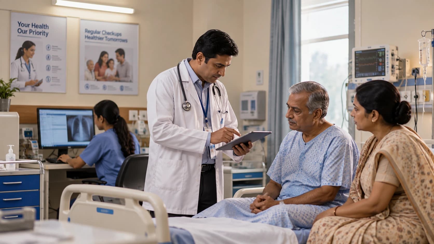Doctor reviewing results on a tablet with an older patient and a family member at the bedside
