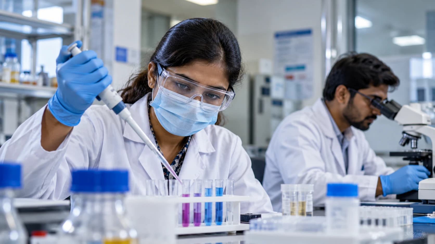 Research scientists pipetting samples and working at a microscope in a laboratory